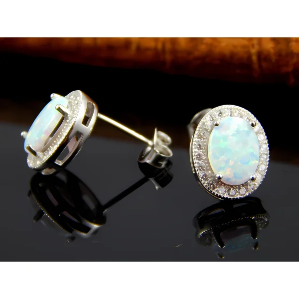 Eleganckie owalne rodowane srebrne kolczyki z opalem i cyrkoniami owal opal cyrkonie srebro 925
