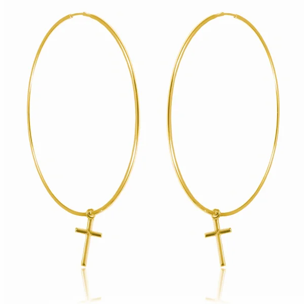 Eleganckie pozłacane srebrne kolczyki duże gładkie koła kółka 6cm z krzyżykiem srebro 925