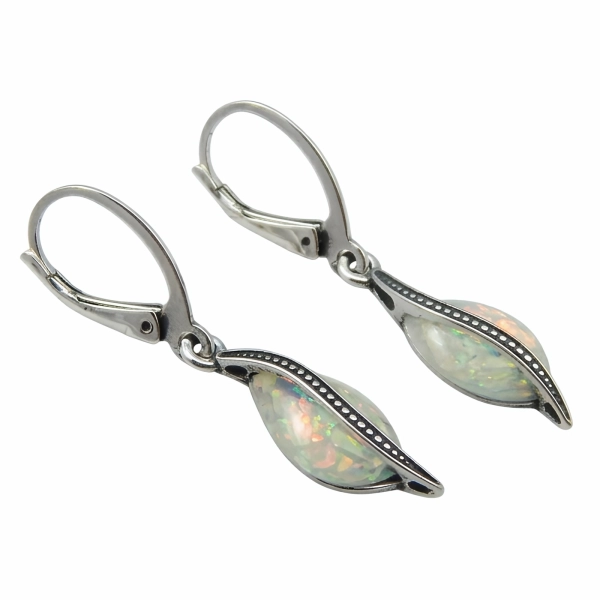 Eleganckie wiszące oksydowane srebrne kolczyki łezki krople biały opal srebro 925
