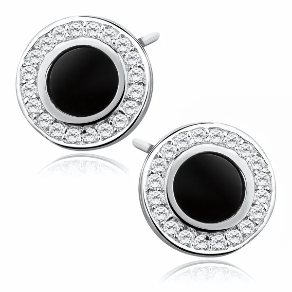 Eleganckie rodowane srebrne kolczyki onyks cyrkonie srebro 925