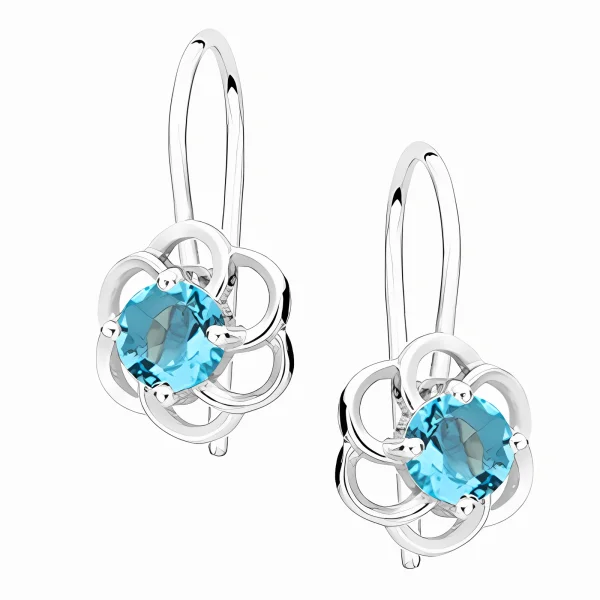 Eleganckie wiszące rodowane srebrne kolczyki kwiaty flowers błękitne cyrkonie srebro 925