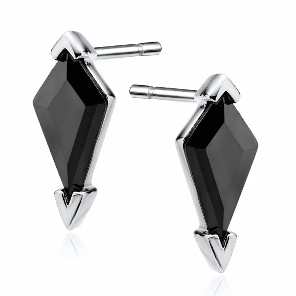 Eleganckie rodowane srebrne kolczyki romby czarne cyrkonie srebro 925