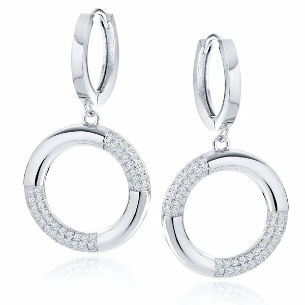 Eleganckie rodowane srebrne wiszące kolczyki celebrytki kółka circle ring cyrkonie srebro 925