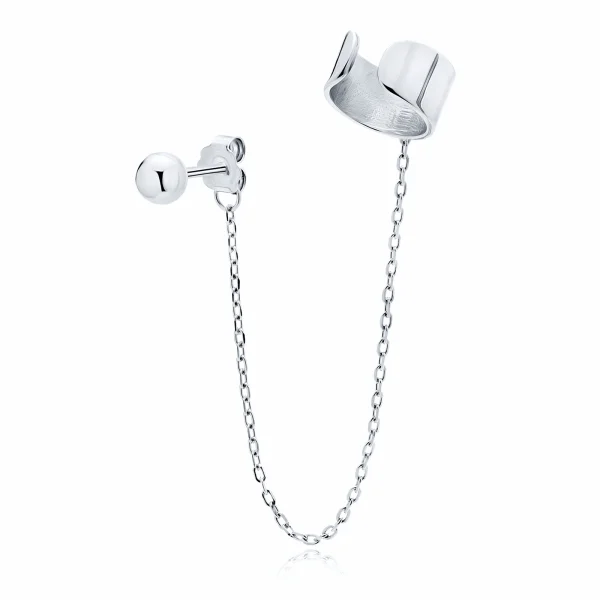 Elegancki rodowany srebrny kolczyk gładka nausznica ear cuff z łańcuszkiem połysk srebro 925