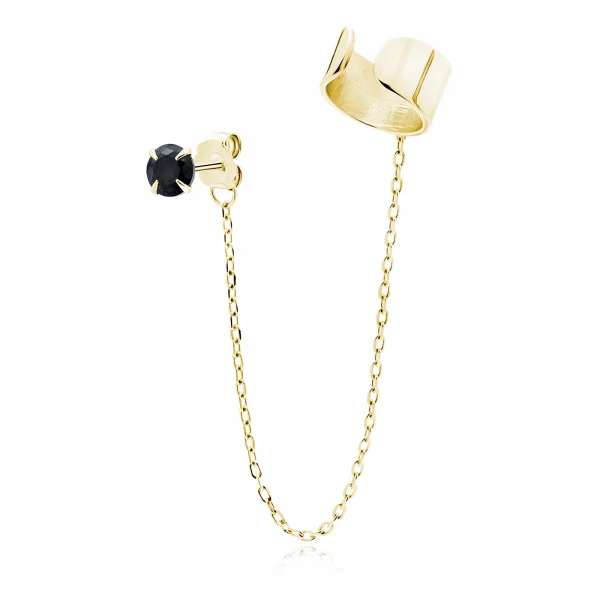 Elegancki pozłacany srebrny kolczyk gładka nausznica ear cuff z łańcuszkiem połysk srebro 925