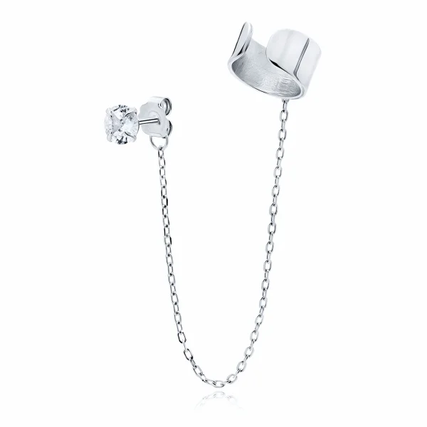 Elegancki rodowany srebrny kolczyk gładka nausznica ear cuff z łańcuszkiem połysk srebro 925
