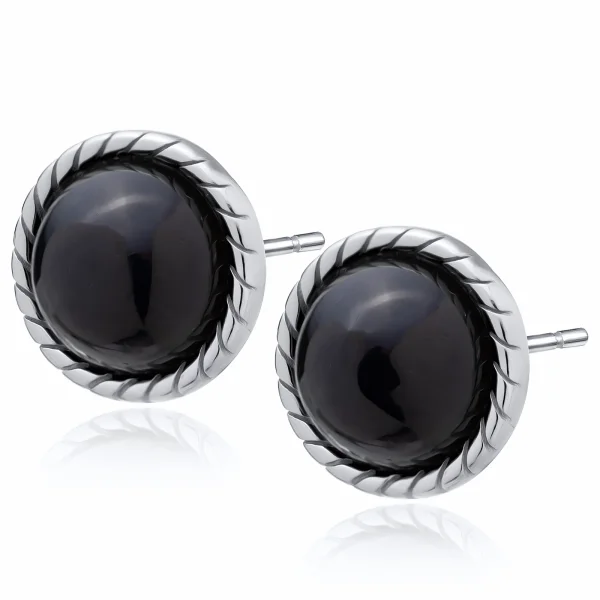 Eleganckie rodowane srebrne kolczyki kółka onyks onyx srebro 925
