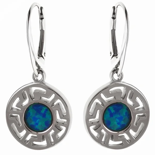 Eleganckie wiszące okrągłe rodowane srebrne kolczyki niebieski opal srebro 925