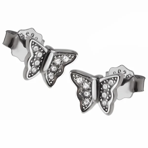 Eleganckie rodowane srebrne kolczyki motyle butterfly białe cyrkonie srebro 925