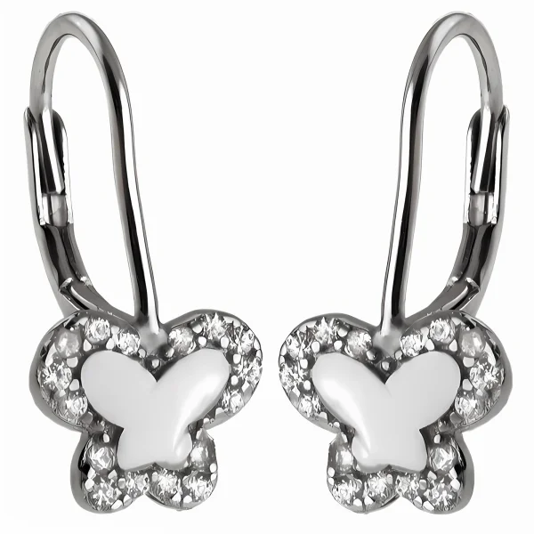 Eleganckie rodowane wiszące srebrne kolczyki motylki butterfly białe cyrkonie srebro 925