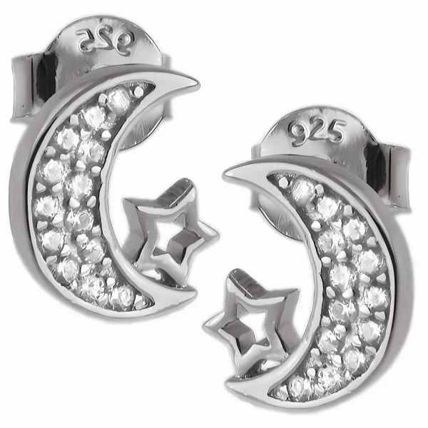 Eleganckie srebrne kolczyki celebrytki ksieżyc gwiazdka moon star białe cyrkonie srebro 925