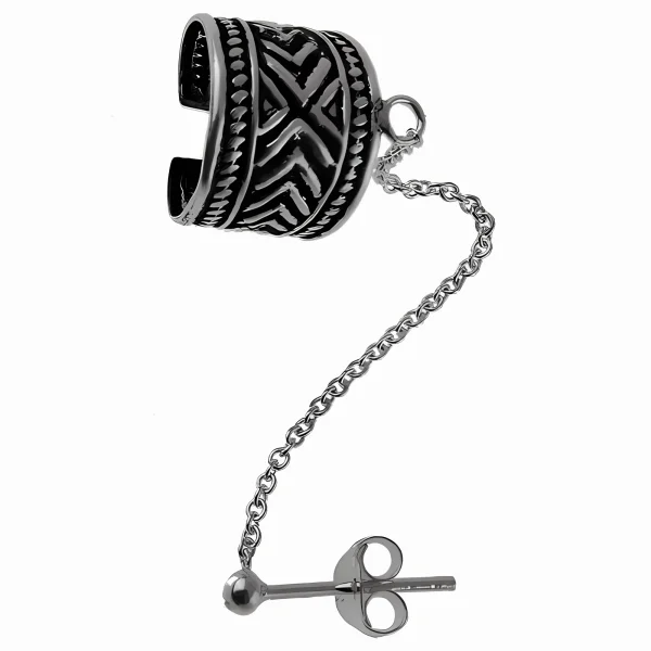 Elegancki oksydowany srebrny kolczyk nausznica z łańcuszkiem na małżowinę ze wzorem ear cuff srebro 925
