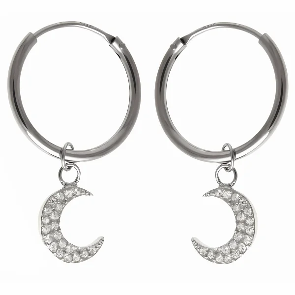 Eleganckie rodowane wiszące srebrne kolczyki kółka kółeczka księżyc moon białe cyrkonie srebro 925