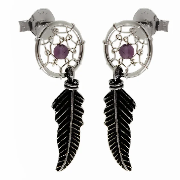 Delikatne wiszące oksydowane srebrne kolczyki łapacz snów dreamcatcher koralik srebro 925