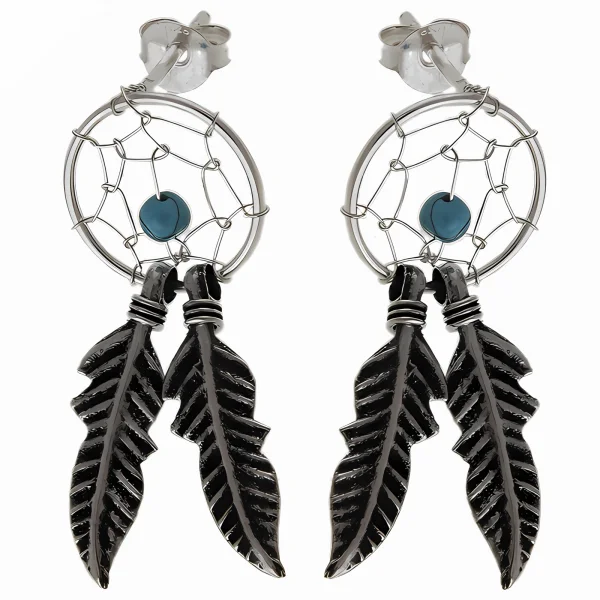 Delikatne wiszące oksydowane srebrne kolczyki łapacz snów dreamcatcher turkus srebro 925