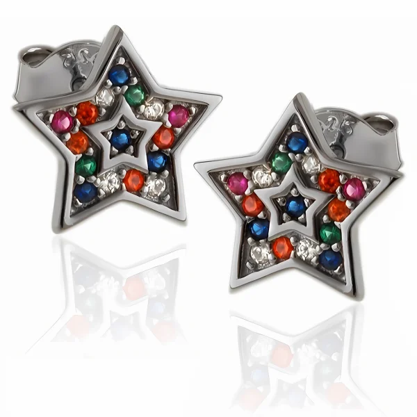 Delikatne rodowane srebrne kolczyki celebrytki gwiazdki gwiazdy stars kolorowe cyrkonie srebro 925