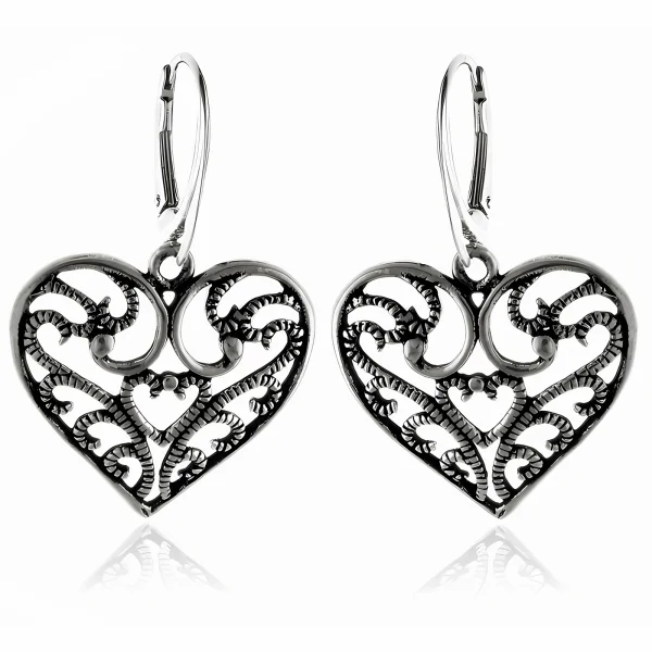 Eleganckie wiszące oksydowane srebrne kolczyki ażurowe serca serduszka heart srebro 925