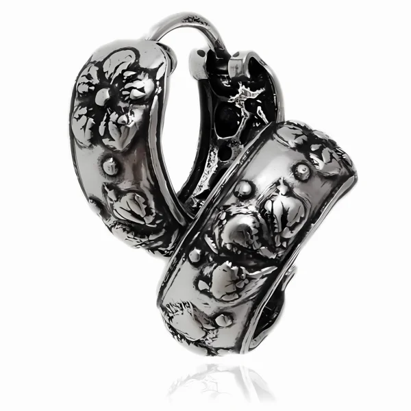 Eleganckie oksydowane srebrne kolczyki koła kółka 1,3cm rynienki z kwiatowym wzorem srebro 925