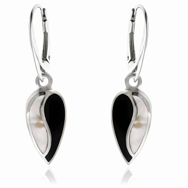 Eleganckie wiszące srebrne kolczyki łezki krople onyks onyx masa perłowa srebro 925