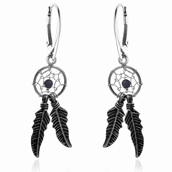 Delikatne wiszące oksydowane srebrne kolczyki łapacz snów dreamcatcher granatowy koralik srebro 925