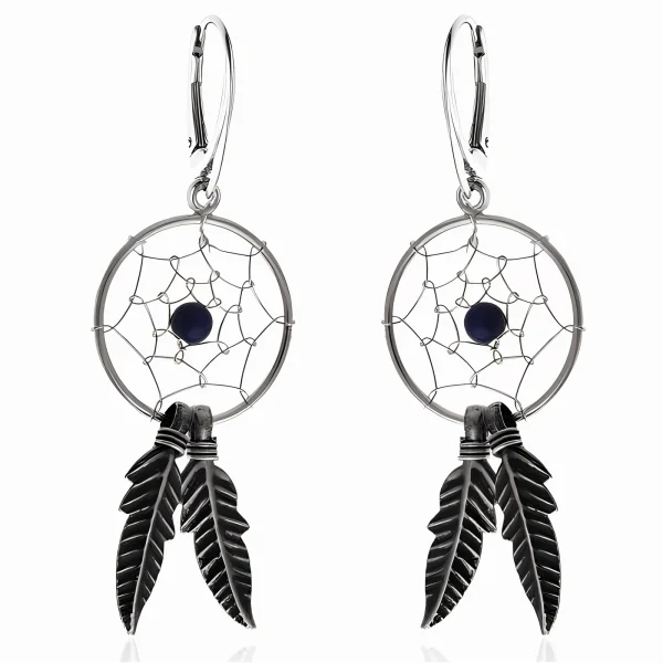 Delikatne wiszące oksydowane srebrne kolczyki łapacz snów dreamcatcher granatowy koralik srebro 925