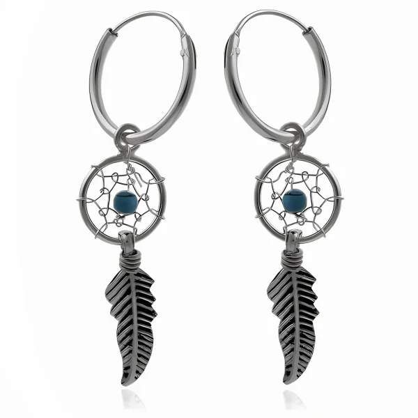 Delikatne oksydowane srebrne kolczyki kółka łapacz snów dreamcatcher turkusowy koralik srebro 925