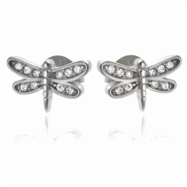 Delikatne rodowane srebrne kolczyki ważka dragonfly białe cyrkonie srebro 925