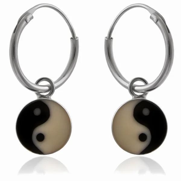 Eleganckie wiszące srebrne kolczyki kółka kółeczka z ozdobą Yin Yang srebro 925