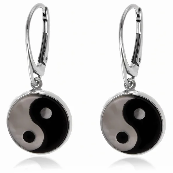 Eleganckie wiszące srebrne kolczyki kółka emaliowane Yin & Yang srebro 925