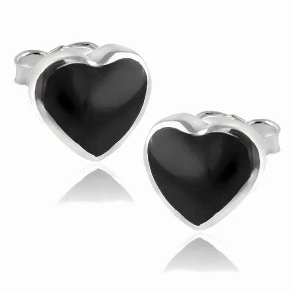 Delikatne srebrne kolczyki czarne serca serduszka heart onyks onyx srebro 925