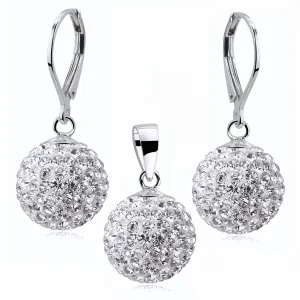 Elegancki wiszący srebrny komplet białe kuleczki Crystal beads 14mm shamballa srebro 925