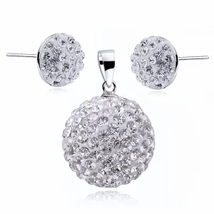 Elegancki srebrny komplet białe półkulki Crystal beads 8mm kulka 16mm shamballa srebro 925