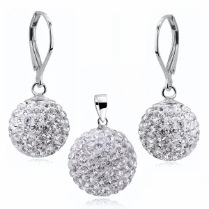 Elegancki wiszący srebrny komplet białe kuleczki Crystal beads 14mm 16mm shamballa srebro 925