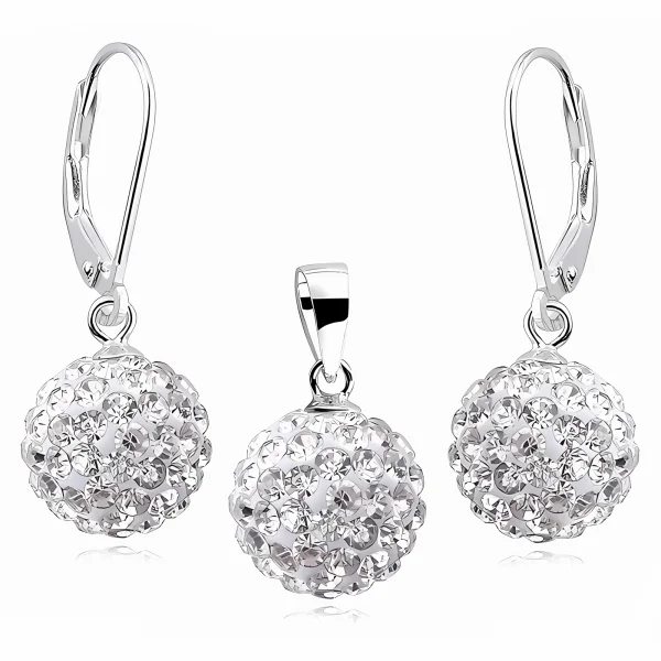 Elegancki wiszący srebrny komplet białe kuleczki Crystal beads 10mm shamballa srebro 925