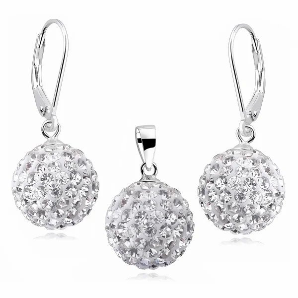 Elegancki wiszący srebrny komplet białe kuleczki Crystal beads 12mm shamballa srebro 925