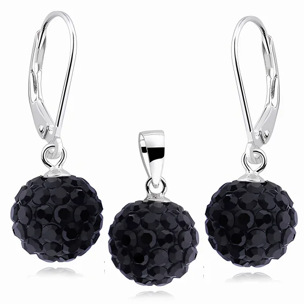 Elegancki wiszący srebrny komplet czarne kuleczki Crystal beads 10mm shamballa srebro 925