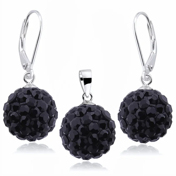 Elegancki wiszący srebrny komplet czarne kuleczki Crystal beads 12mm shamballa srebro 925