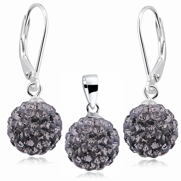 Elegancki wiszący srebrny komplet kuleczki Crystal beads czarny diament 10mm shamballa srebro 925