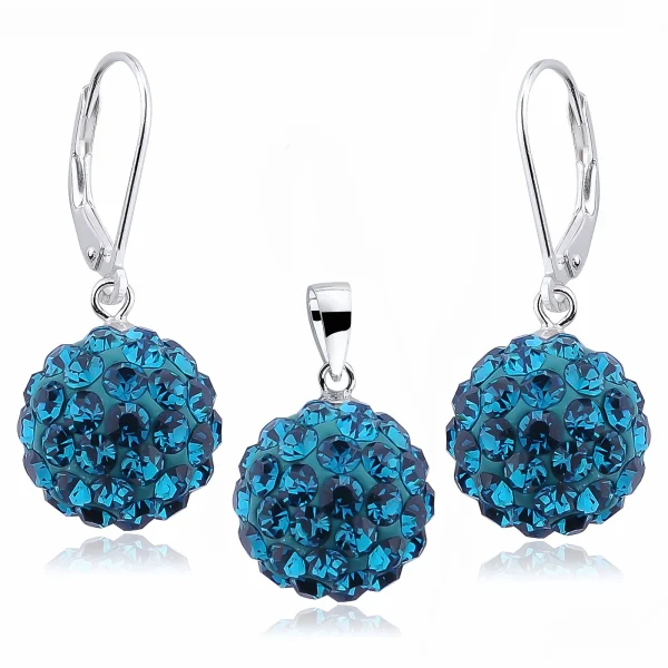 Elegancki wiszący srebrny komplet kuleczki Crystal beads blue zircon 12mm shamballa srebro 925