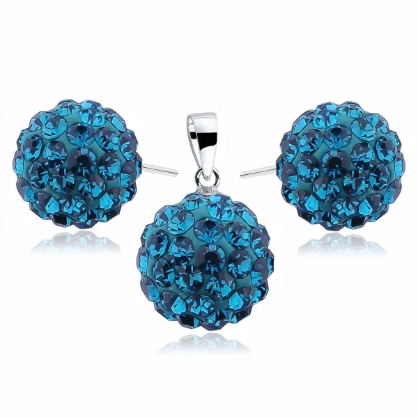 Elegancki srebrny komplet kuleczki Crystal beads blue zircon 12mm shamballa srebro 925