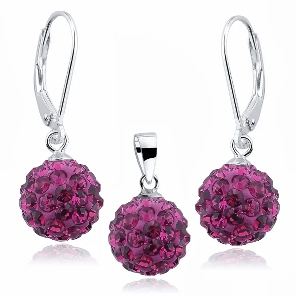 Elegancki wiszący srebrny komplet kuleczki Crystal beads fuksja 10mm shamballa srebro 925