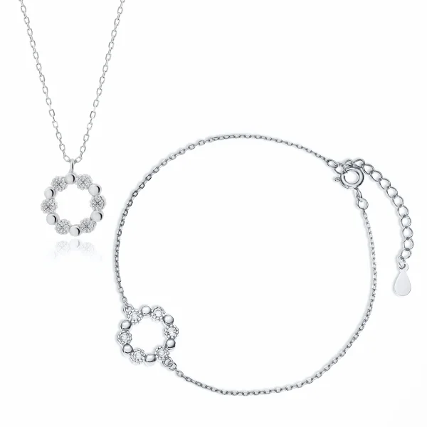 Elegancki rodowany srebrny komplet celebrytka kółko circle ring białe cyrkonie srebro 925