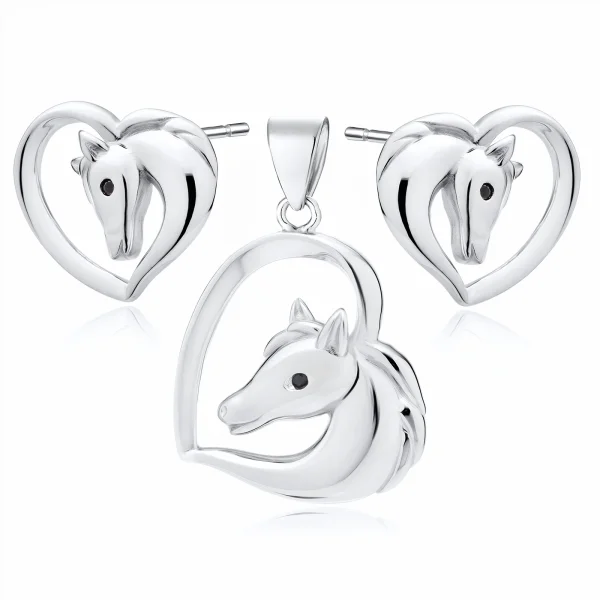 Delikatny rodowany srebrny komplet serca konik koń horse heart cyrkonie srebro 925