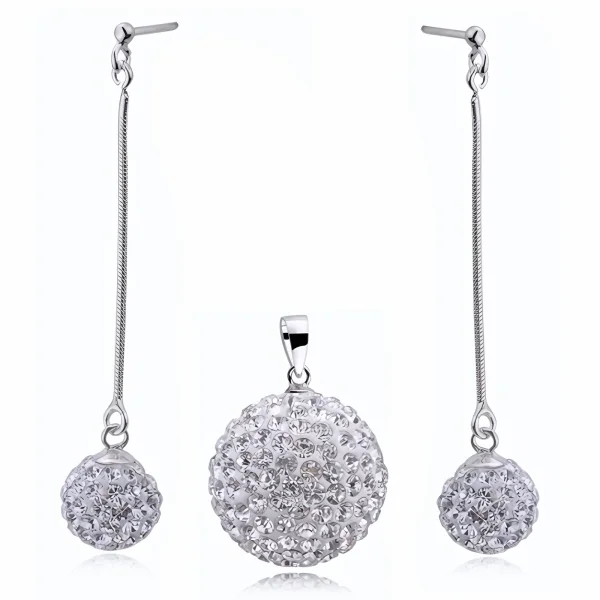 Elegancki srebrny komplet białe kuleczki Crystal beads 10mm 16mm shamballa srebro 925