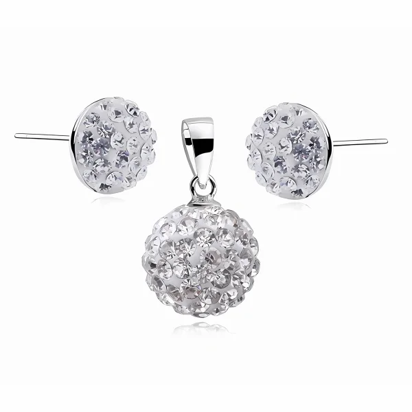 Elegancki srebrny komplet białe półkule 8mm Crystal beads kulka 10mm shamballa srebro 925