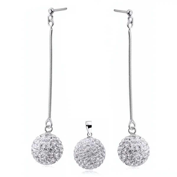 Elegancki srebrny komplet białe kuleczki Crystal beads 14mm shamballa srebro 925