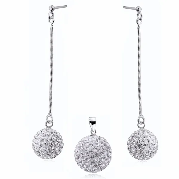 Elegancki srebrny komplet białe kuleczki Crystal beads 14mm 16 mm shamballa srebro 925