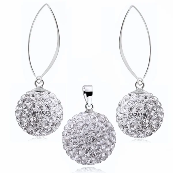Elegancki srebrny komplet białe kuleczki Crystal beads 14mm 16mm shamballa srebro 925