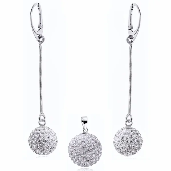 Elegancki srebrny komplet białe kulki Crystal beads 14mm 16mm kuleczki  shamballa srebro 925