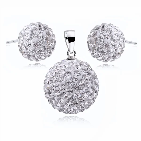 Elegancki srebrny komplet białe kuleczki Crystal beads 10mm 14mm shamballa srebro 925